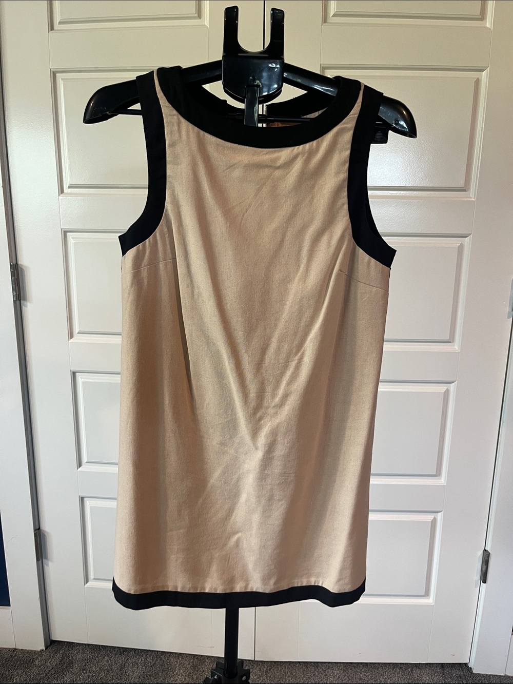 Sleeveless Beige Mini Dress with Black Trim